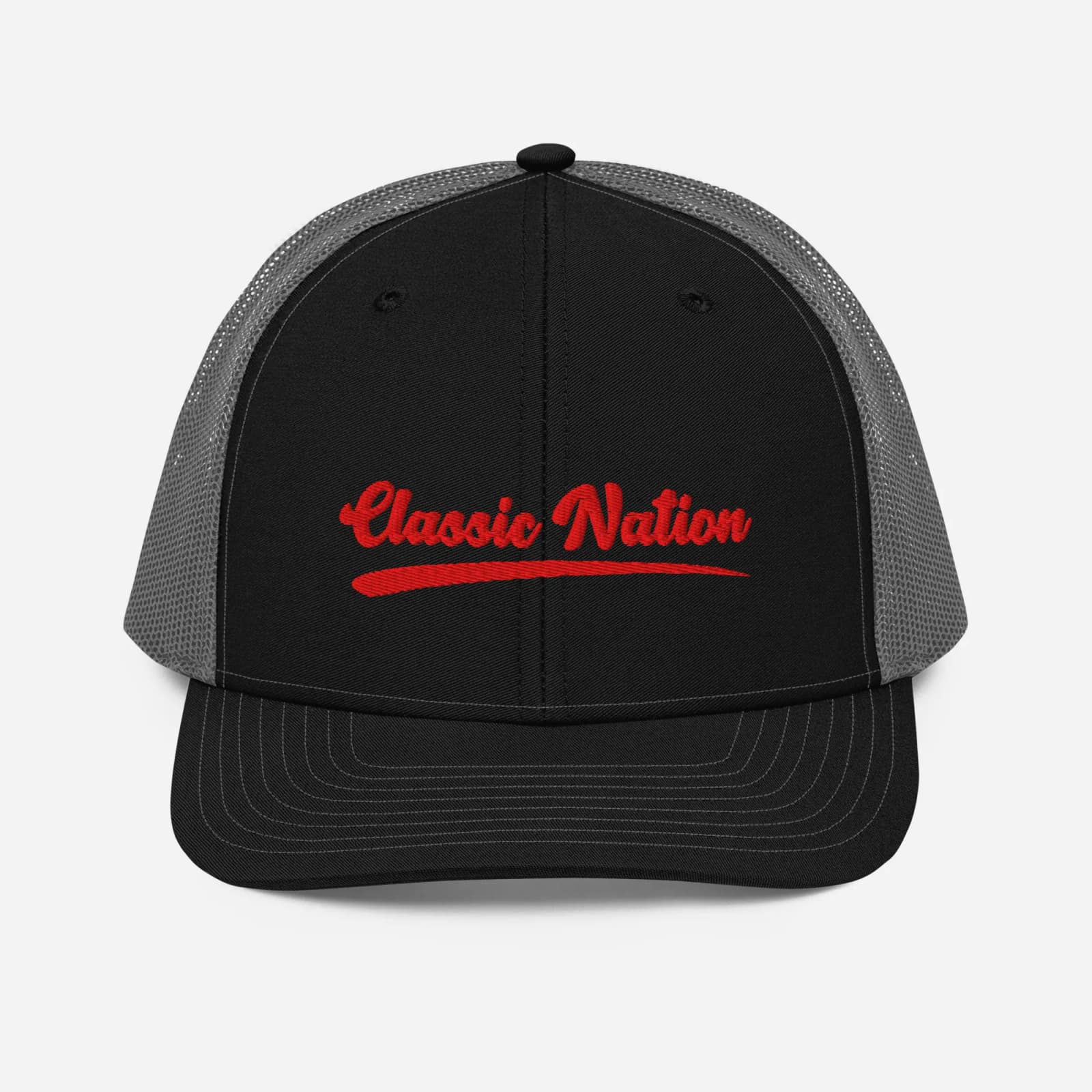Classic Nation ‘Script’ Embroidered Trucker Hat – Black w/Red Logo