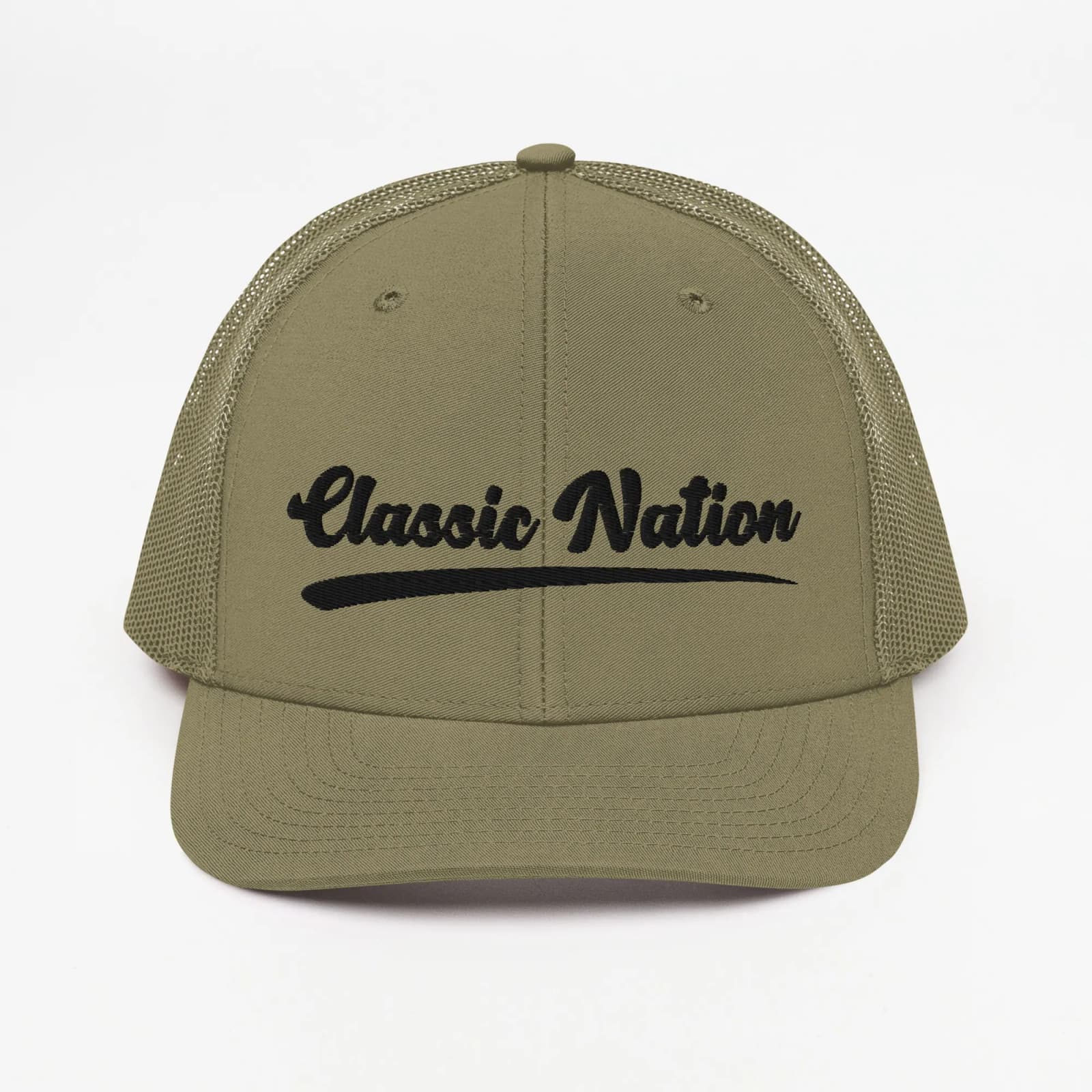 Classic Nation ‘Script” Embroidered Trucker Hat – Green w/Black Logo