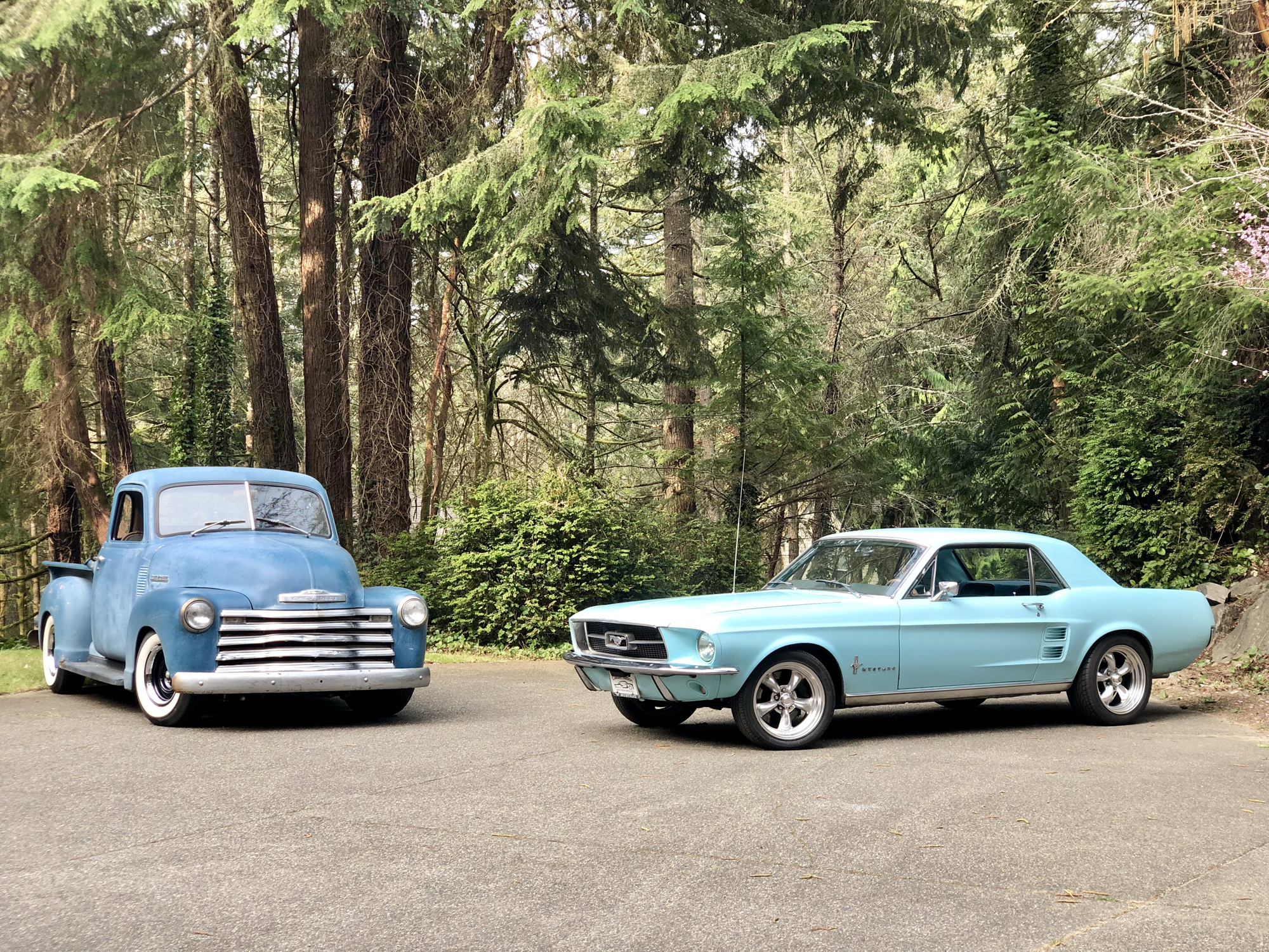 Ford Mustang and chevy 3100